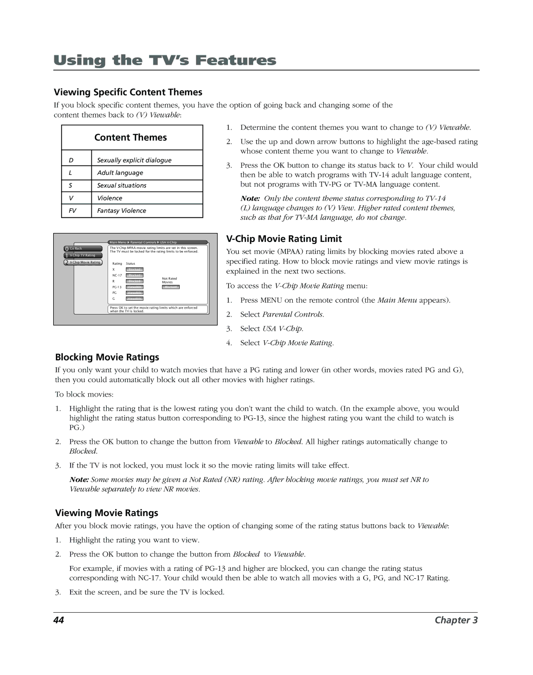 RCA DVR2080 manual Viewing Specific Content Themes, Chip Movie Rating Limit, Blocking Movie Ratings, Viewing Movie Ratings 