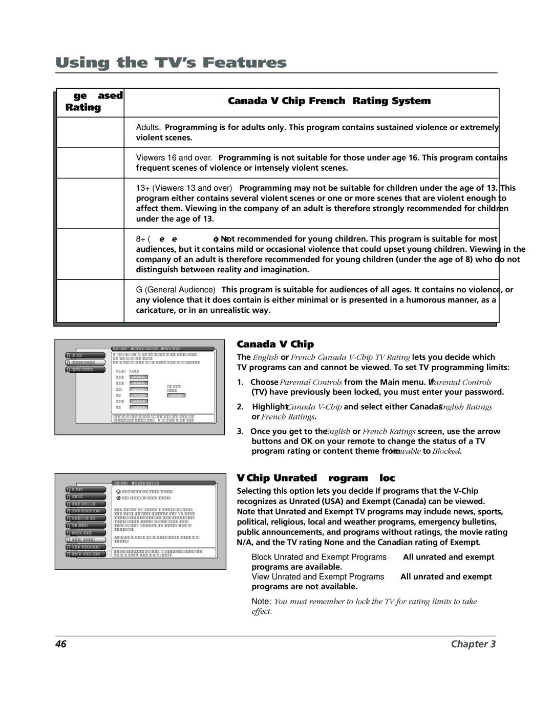 RCA DVR2080, DVR2160 manual Age-Based Canada V-Chip French Rating System 18+, 16+, 13+, Chip Unrated Program Block 