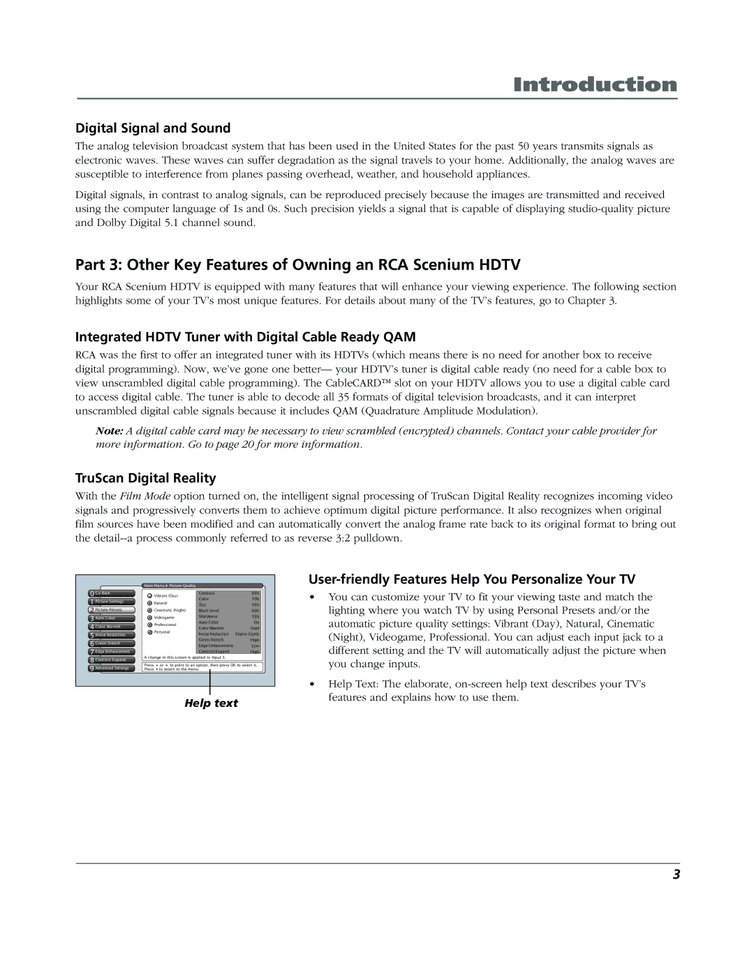 RCA DVR2160 Part 3 Other Key Features of Owning an RCA Scenium Hdtv, Digital Signal and Sound, TruScan Digital Reality 