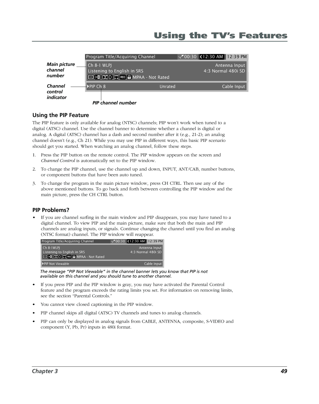 RCA DVR2160, DVR2080 manual Using the PIP Feature, PIP Problems? 