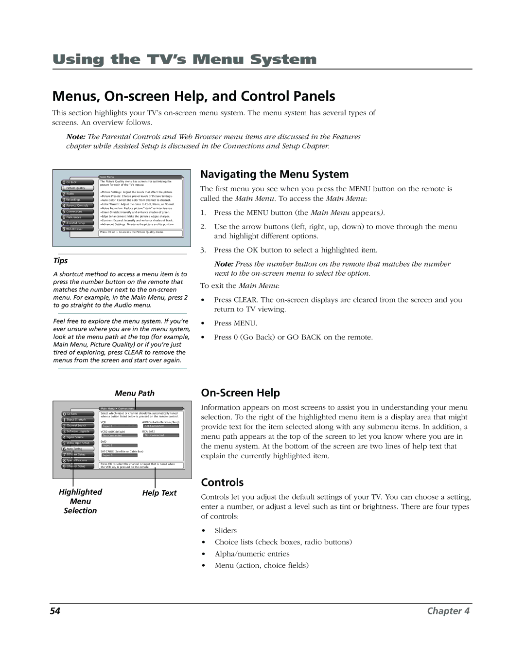 RCA DVR2080, DVR2160 manual Menus, On-screen Help, and Control Panels, Navigating the Menu System, On-Screen Help, Controls 