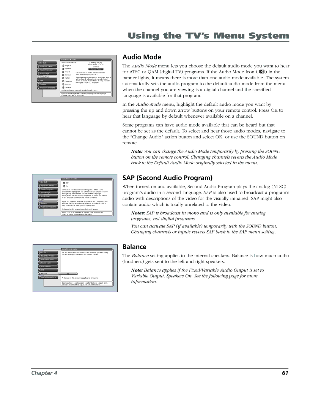 RCA DVR2160, DVR2080 manual Audio Mode, SAP Second Audio Program, Balance 