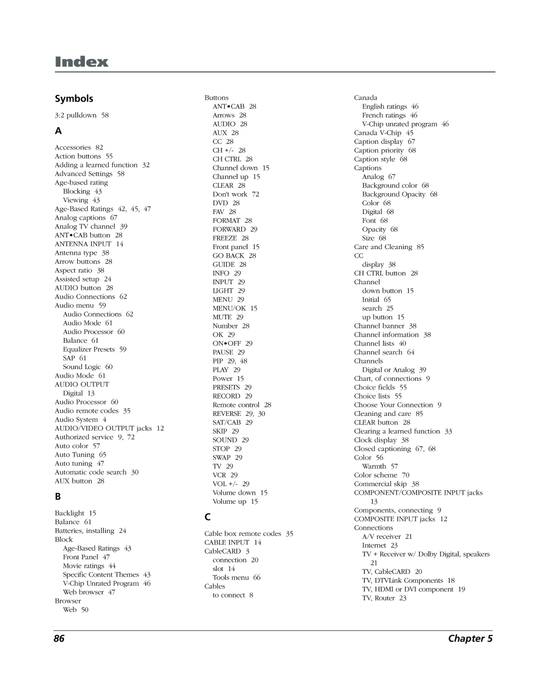 RCA DVR2080, DVR2160 manual Index, Symbols 