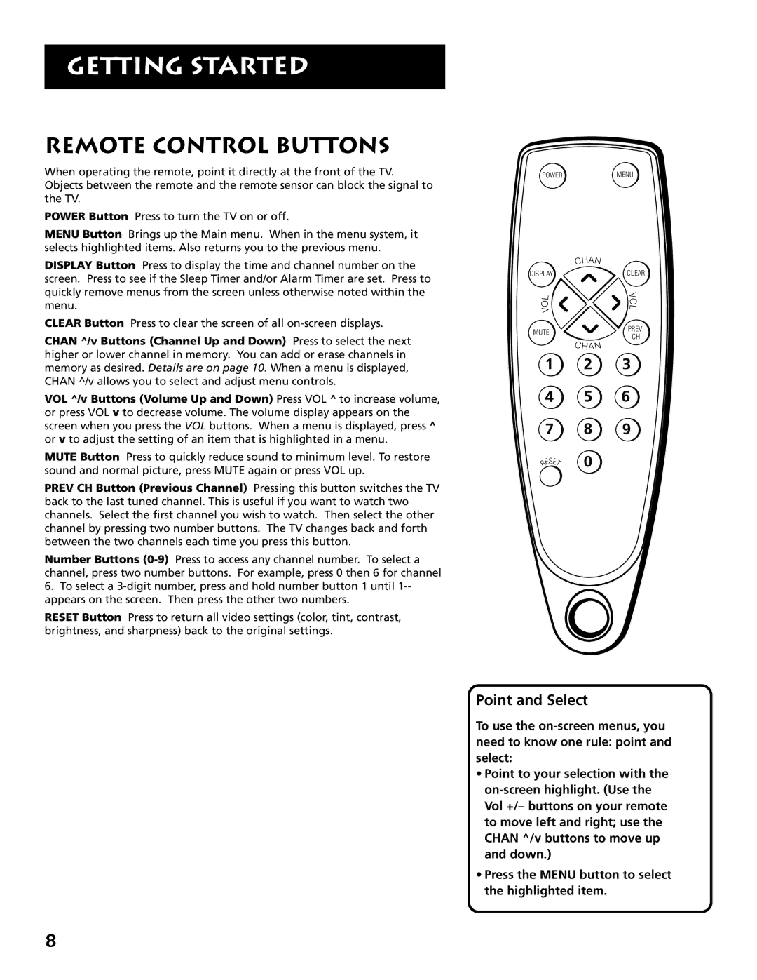 RCA E09344 manual Remote Control Buttons, Point and Select 