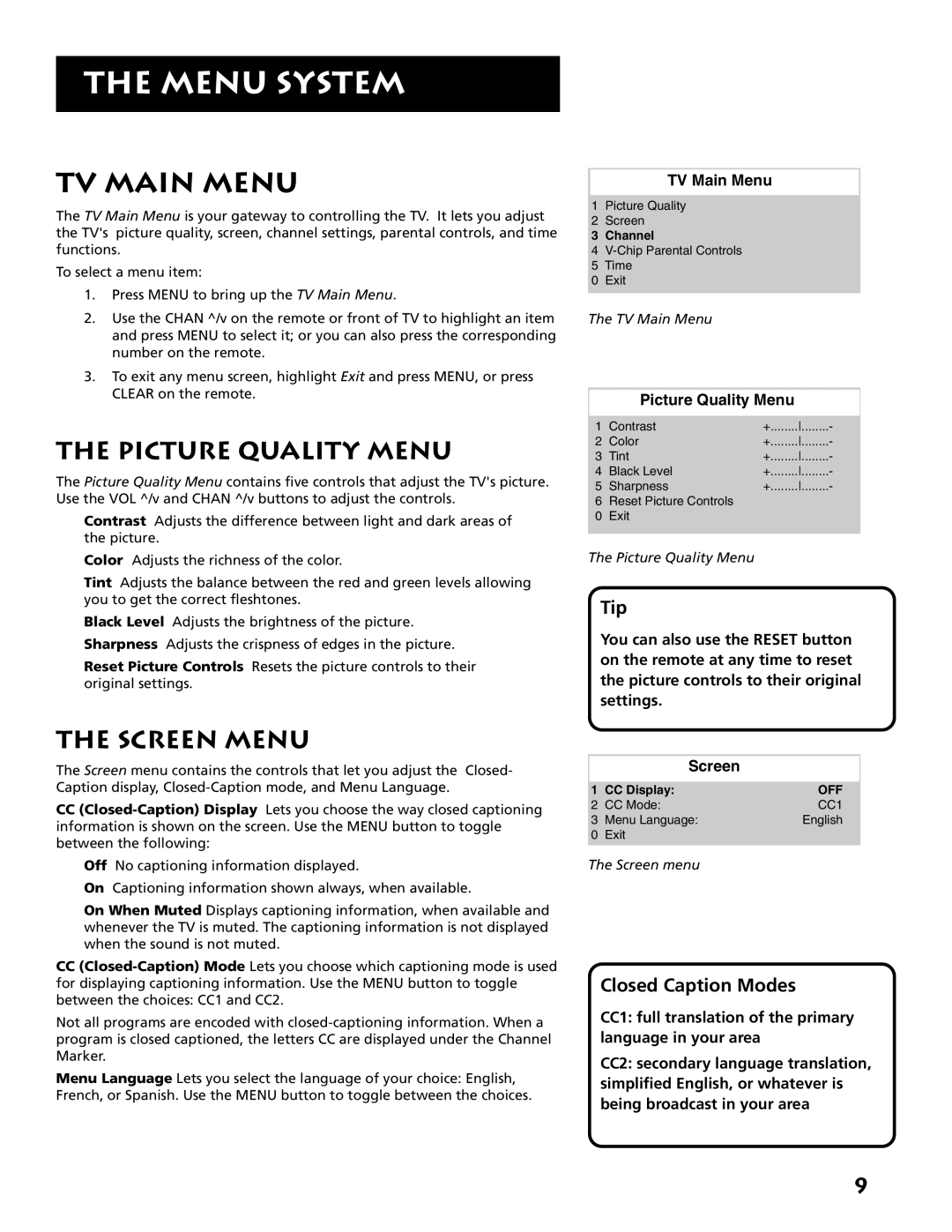 RCA E09344 manual Menu System, TV Main Menu, Picture Quality Menu, Screen Menu 