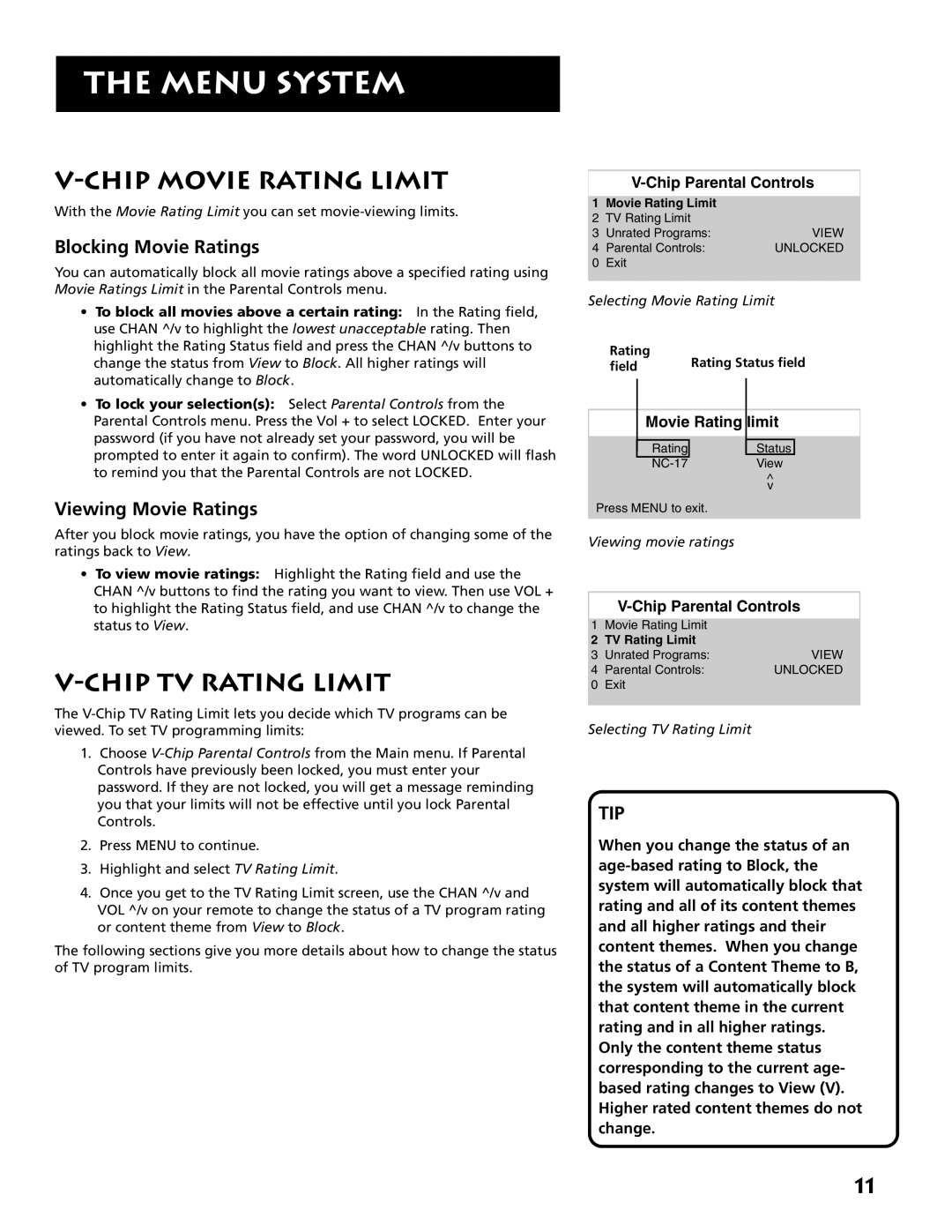 RCA E09344 manual Chip Movie Rating Limit, Chip TV Rating Limit, Blocking Movie Ratings, Viewing Movie Ratings 