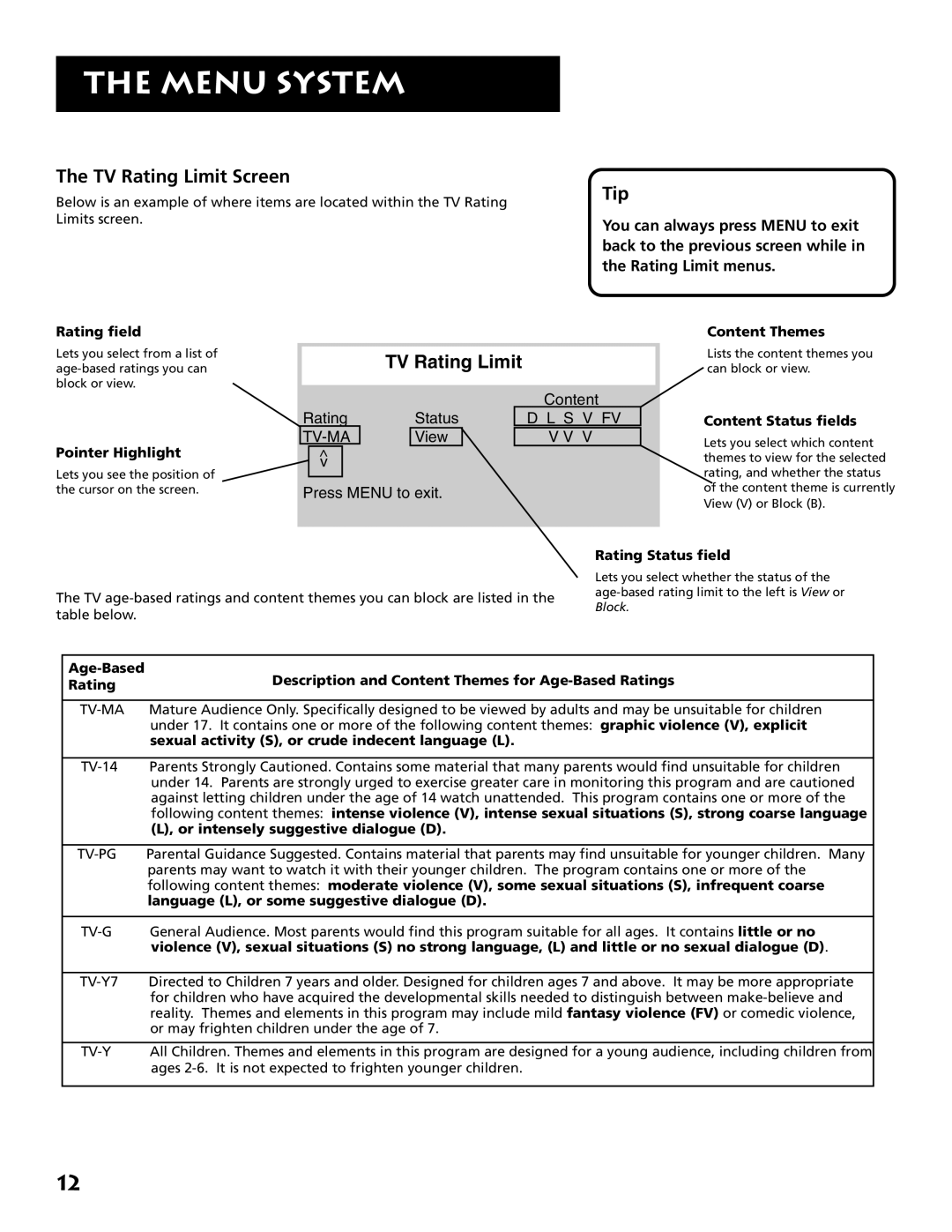 RCA E09344 manual TV Rating Limit Screen 