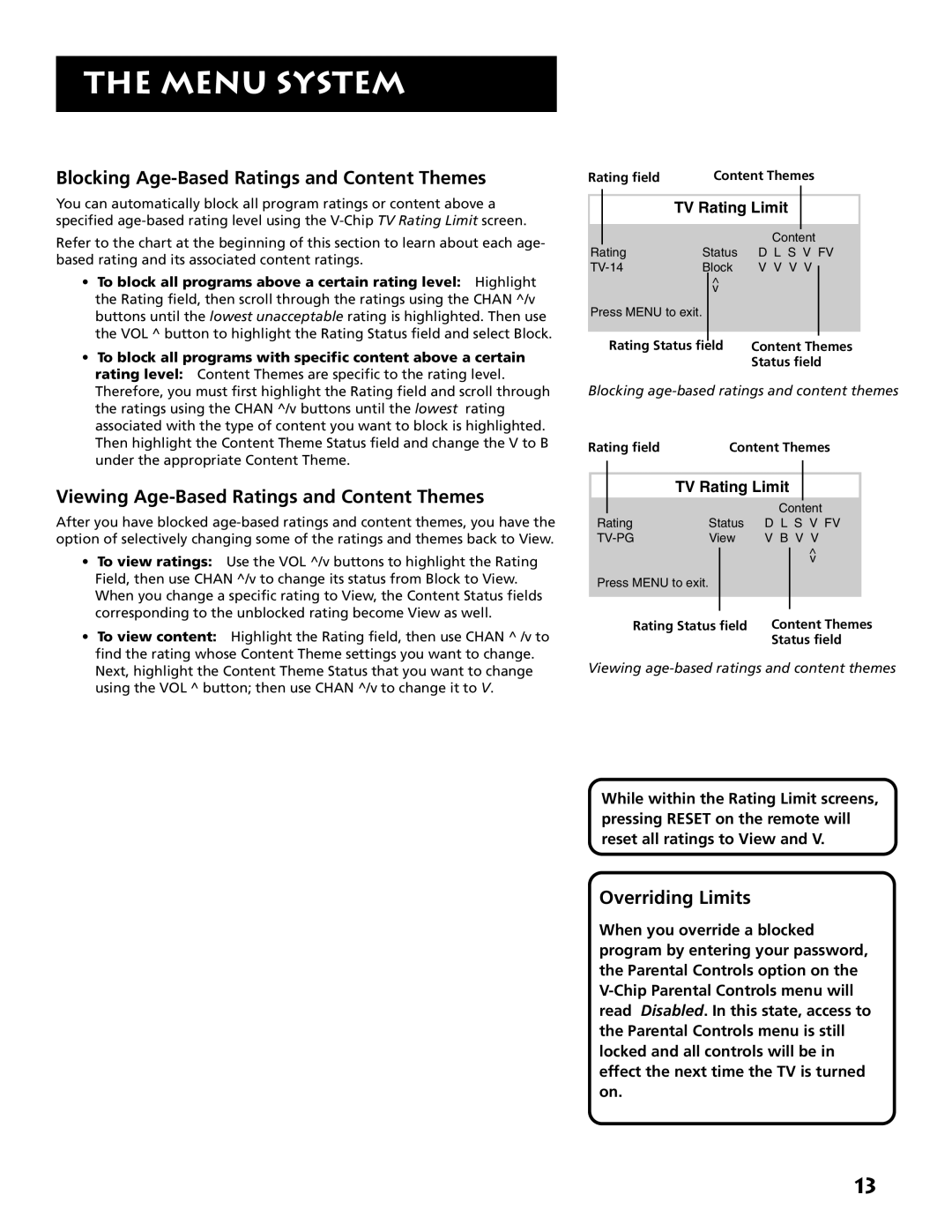 RCA E09344 Blocking Age-Based Ratings and Content Themes, Viewing Age-Based Ratings and Content Themes, Overriding Limits 