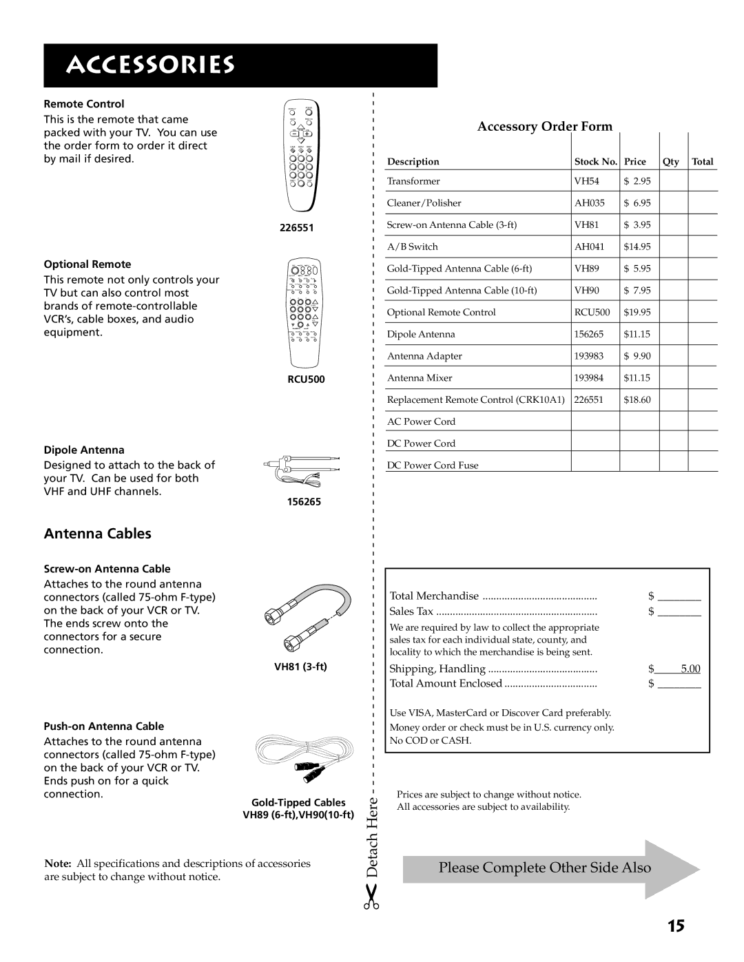 RCA E09344 manual Accessories, Antenna Cables 