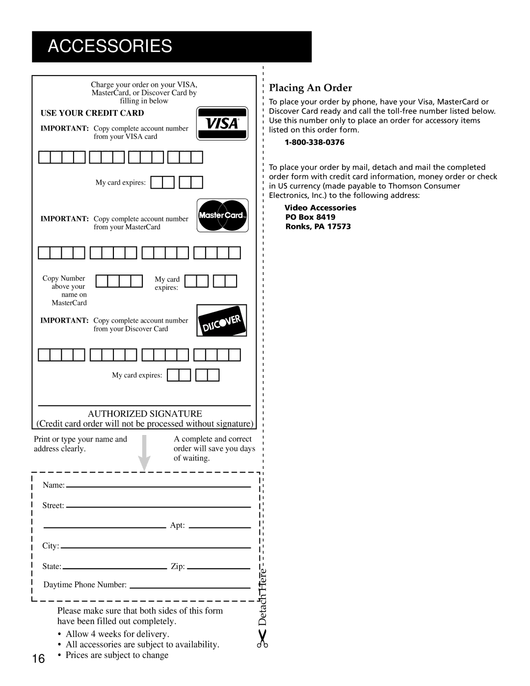 RCA E09344 manual USE Your Credit Card, Video Accessories PO Box Ronks, PA 