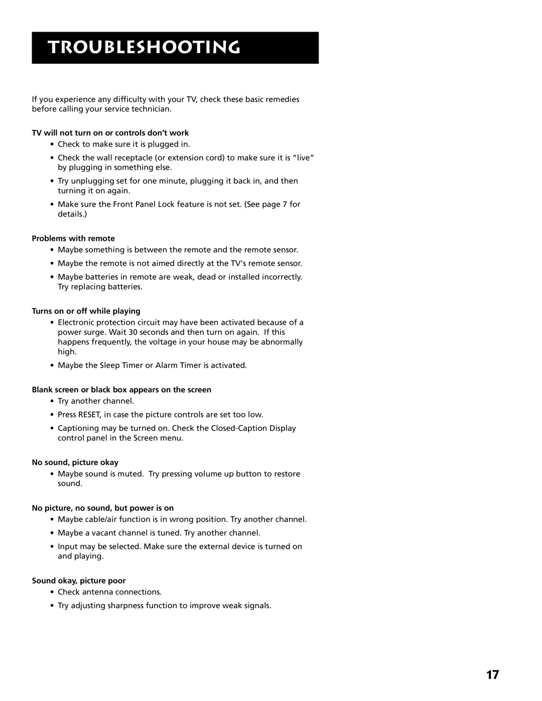 RCA E09344 manual Troubleshooting 