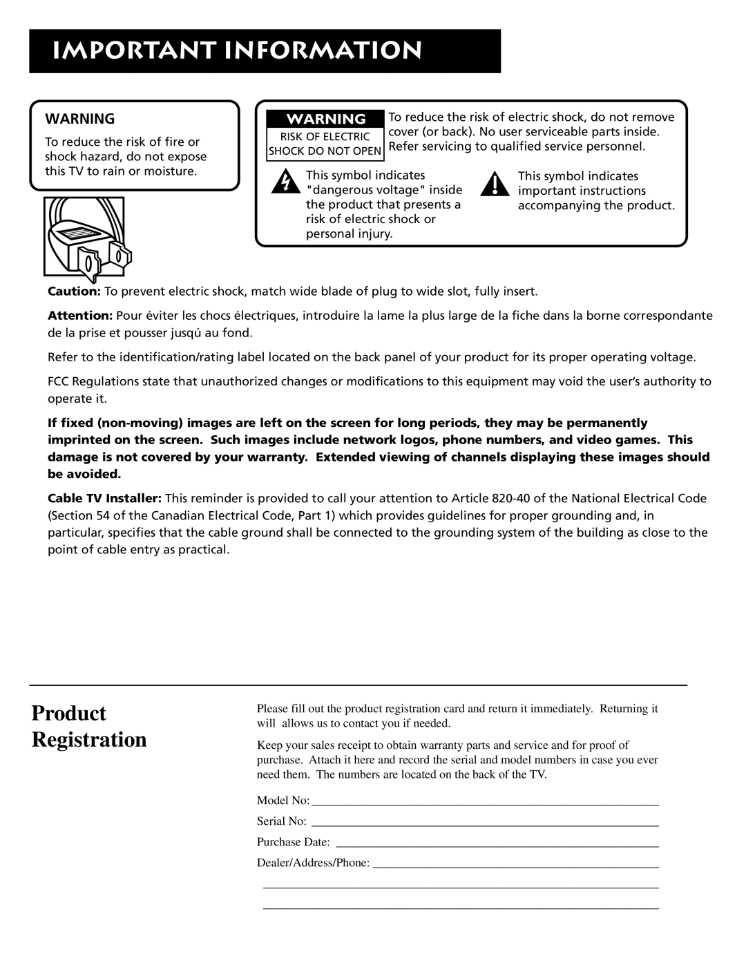 RCA E09344 manual Important Information, Product 