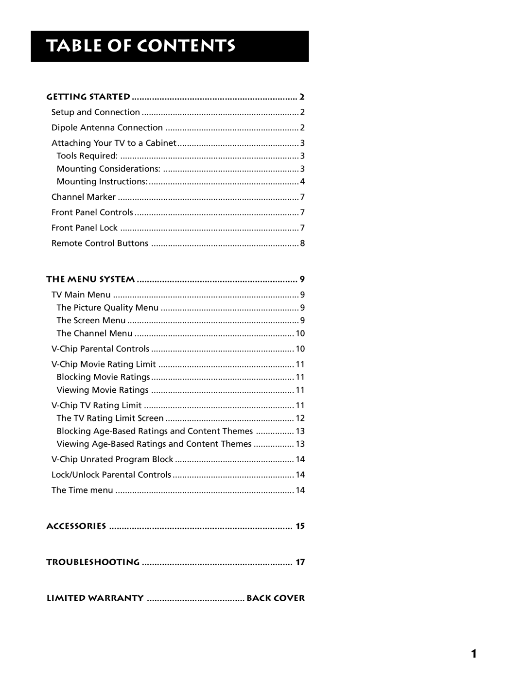 RCA E09344 manual Table of Contents 