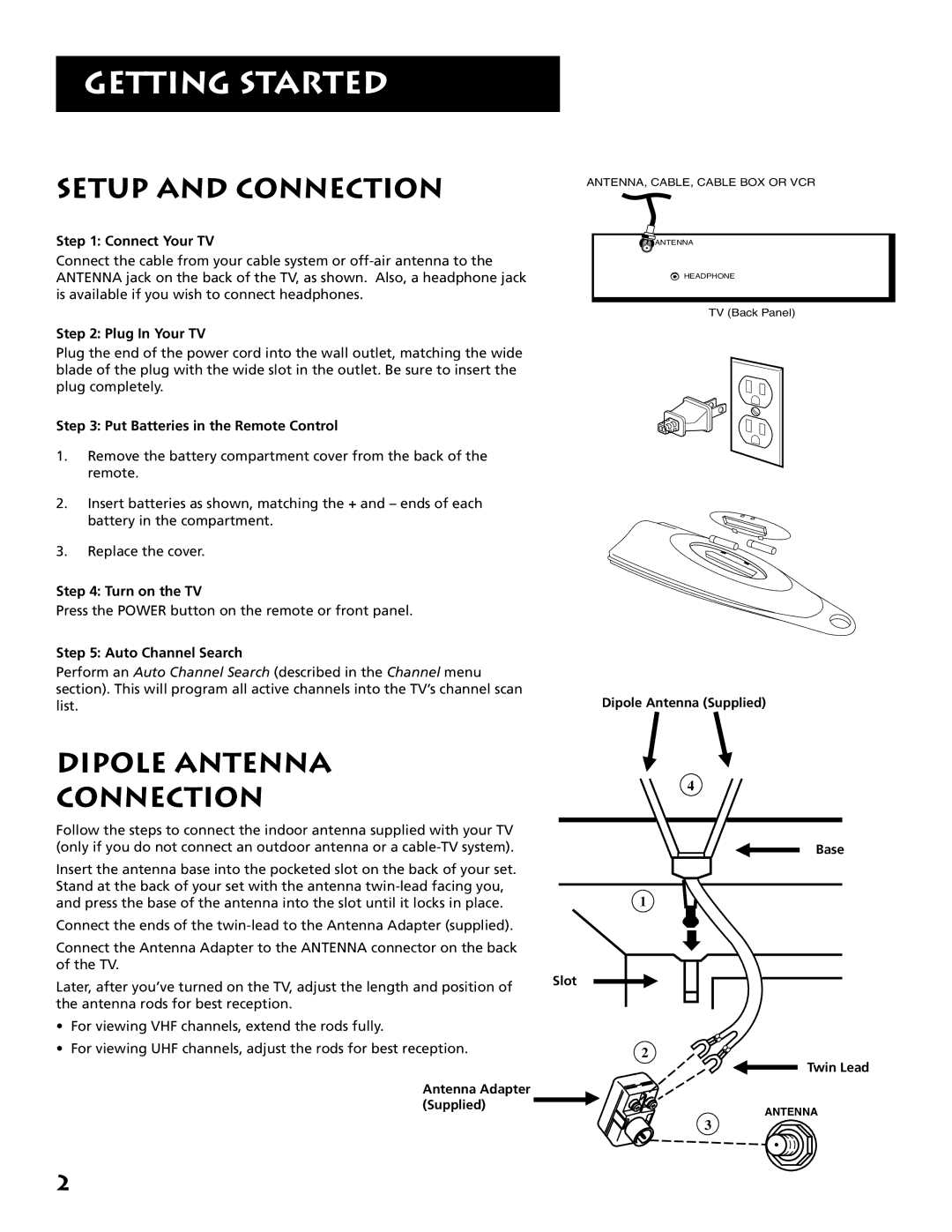 RCA E09344 manual Getting Started, Setup and Connection, Dipole Antenna Connection 