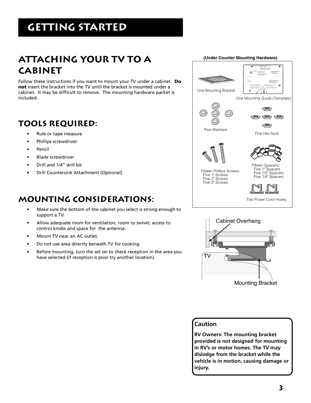 RCA E09344 manual Attaching Your TV to a Cabinet, Tools Required, Mounting Considerations 