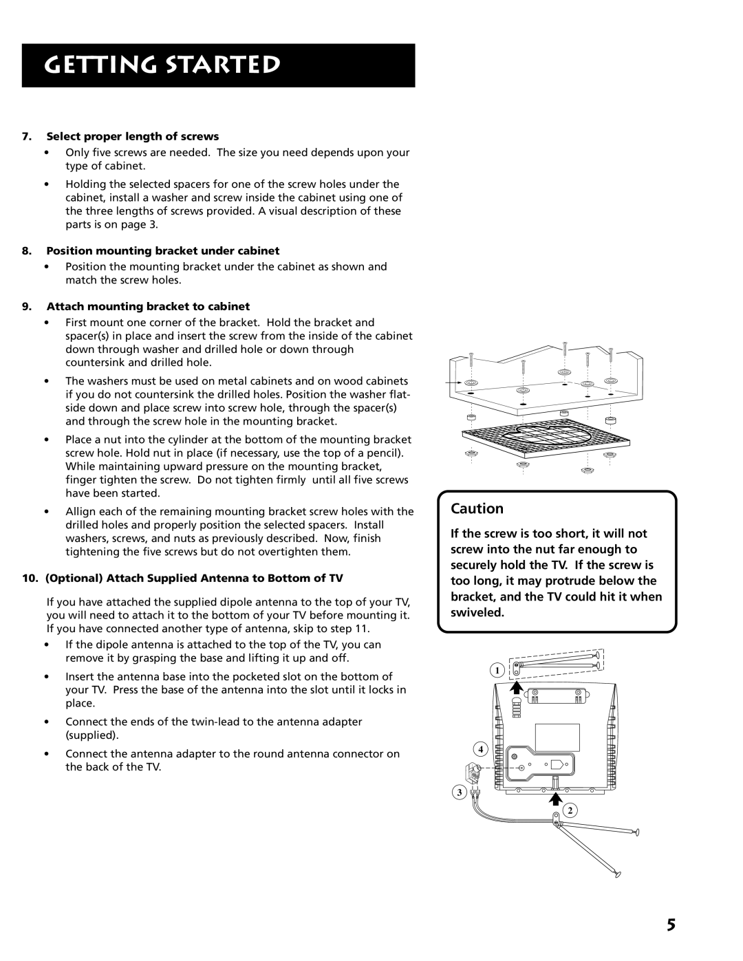 RCA E09344 Select proper length of screws, Position mounting bracket under cabinet, Attach mounting bracket to cabinet 