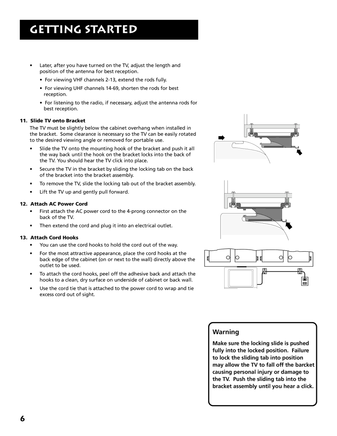 RCA E09344 manual Slide TV onto Bracket, Attach AC Power Cord, Attach Cord Hooks 