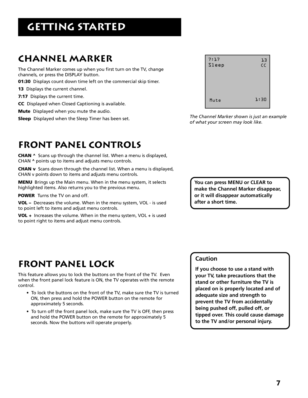 RCA E09344 manual Channel Marker, Front Panel Controls, Front Panel Lock 