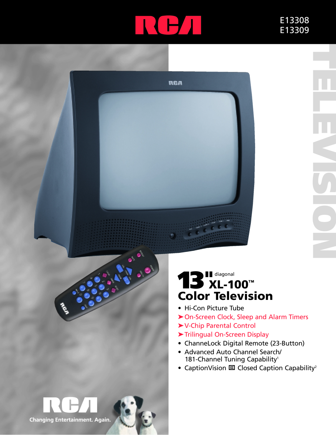 RCA manual XL-100 Color Television, E13308 E13309, Hi-Con Picture Tube, Trilingual On-Screen Display, 13diagonal 