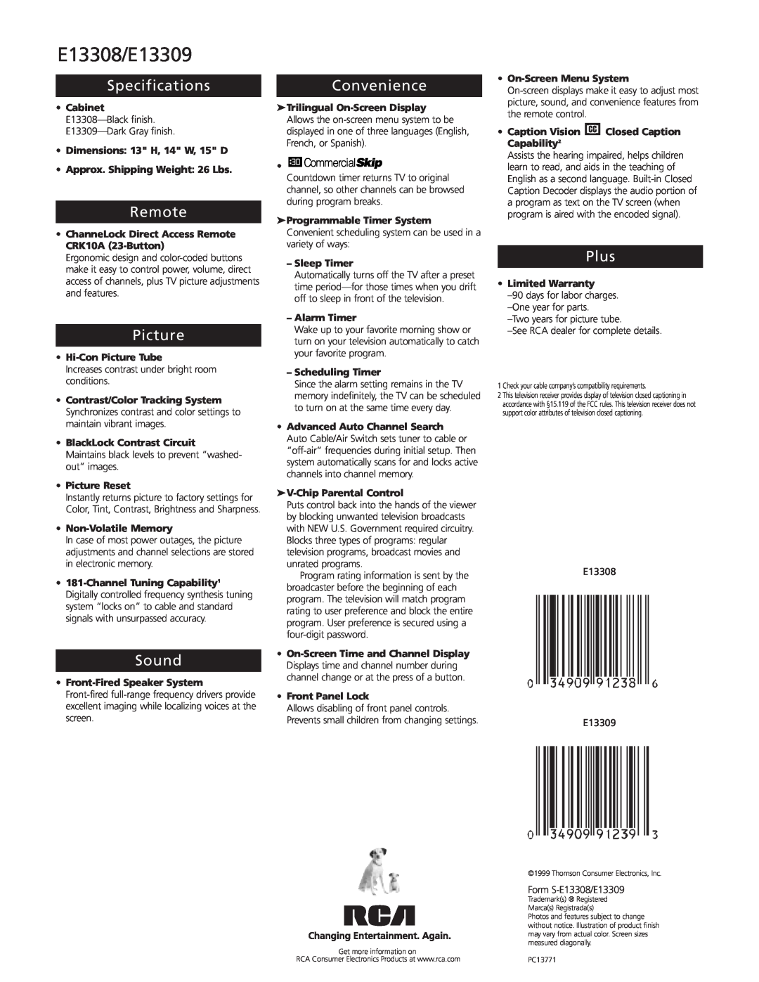 RCA manual E13308/E13309, Specifications, Remote, Picture, Sound, Convenience, Plus, CommercialSkip 
