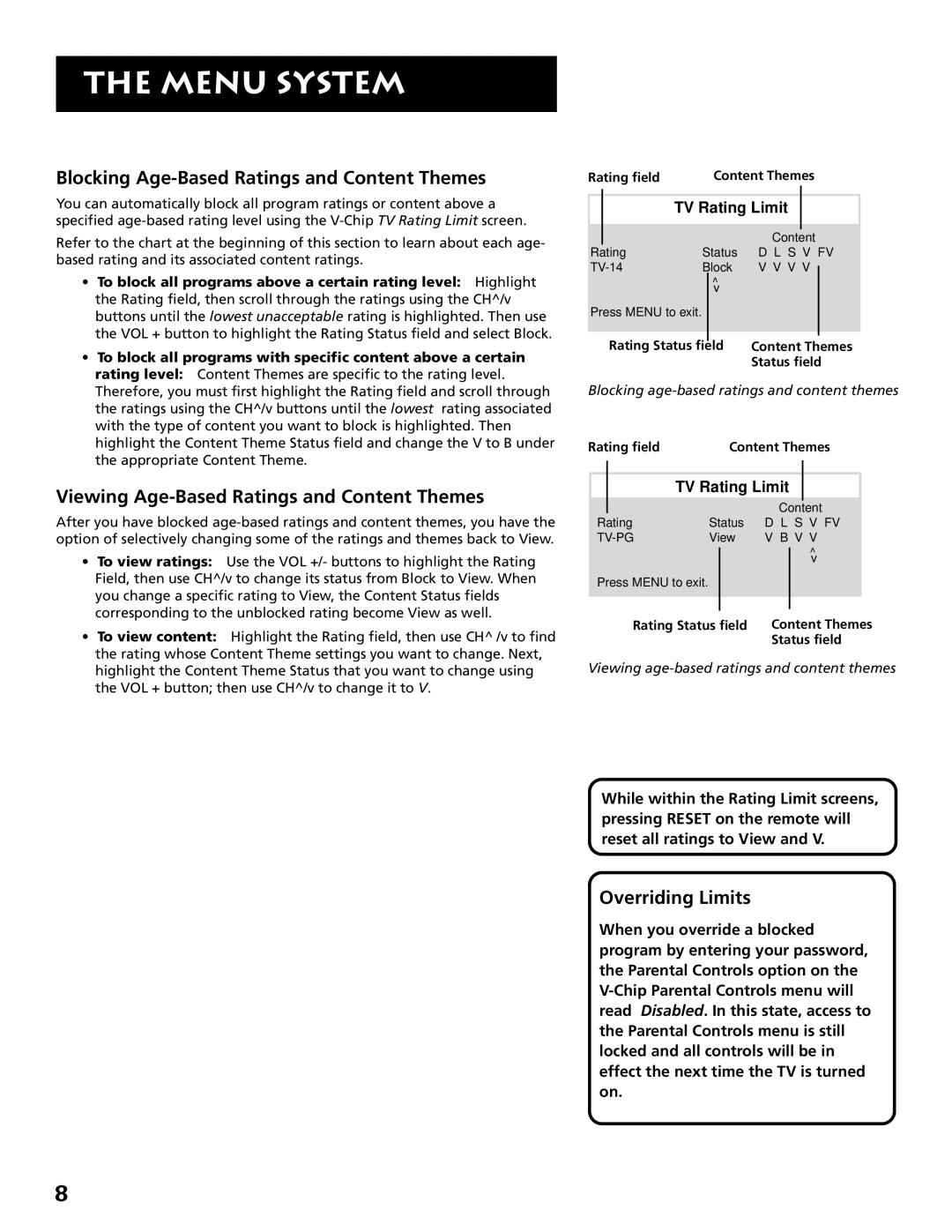 RCA E13318 Blocking Age-Based Ratings and Content Themes, Viewing Age-Based Ratings and Content Themes, Overriding Limits 