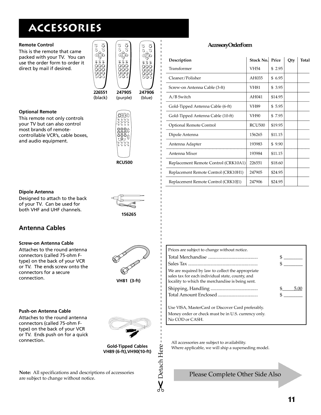 RCA E13318 manual Accessories, Antenna Cables 