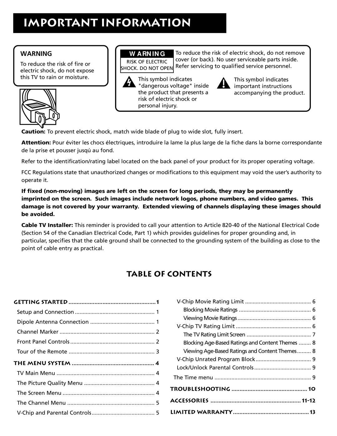 RCA E13318 manual Important Information, Table of Contents 