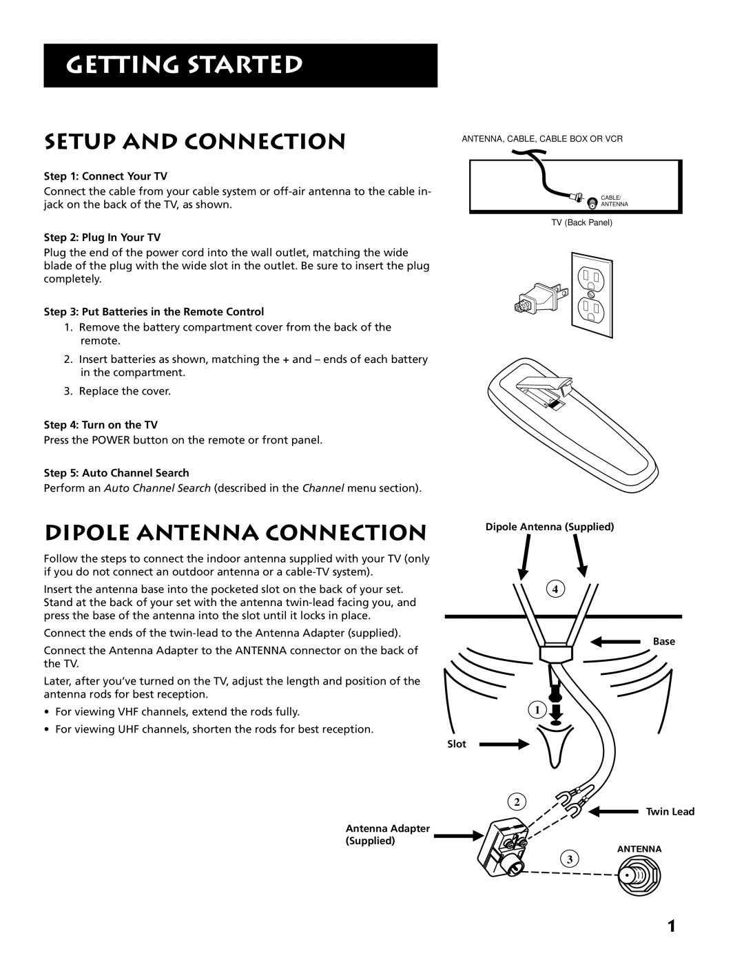 RCA E13318 manual Getting Started, Setup and Connection, Dipole Antenna Connection 