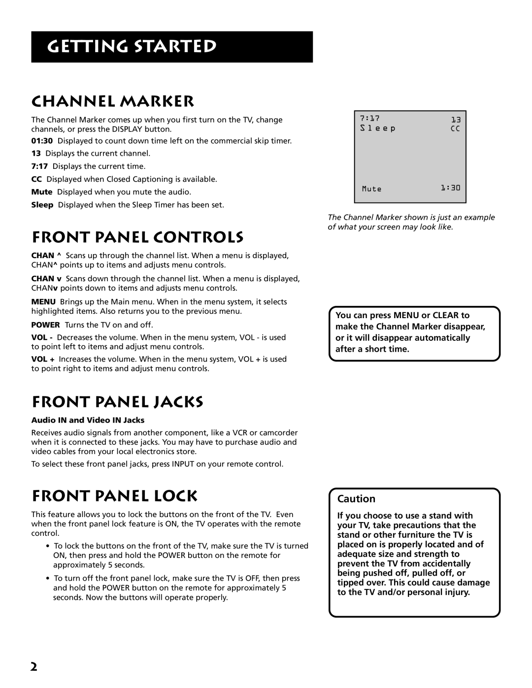 RCA E13318 manual Channel Marker, Front Panel Controls, Front Panel Jacks, Front Panel Lock, Audio in and Video in Jacks 