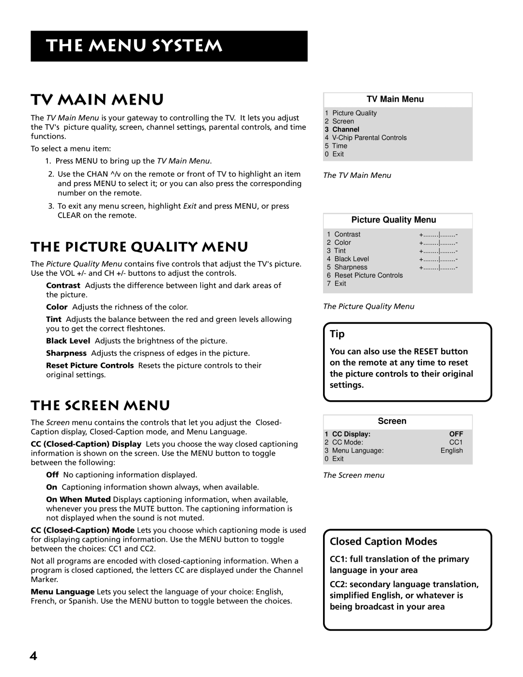 RCA E13318 manual Menu System, TV Main Menu, Picture Quality Menu, Screen Menu 