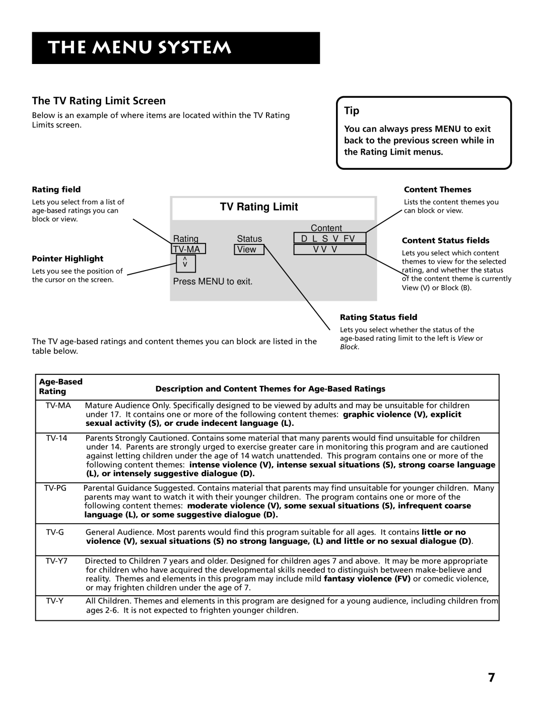 RCA E13318 manual TV Rating Limit Screen 