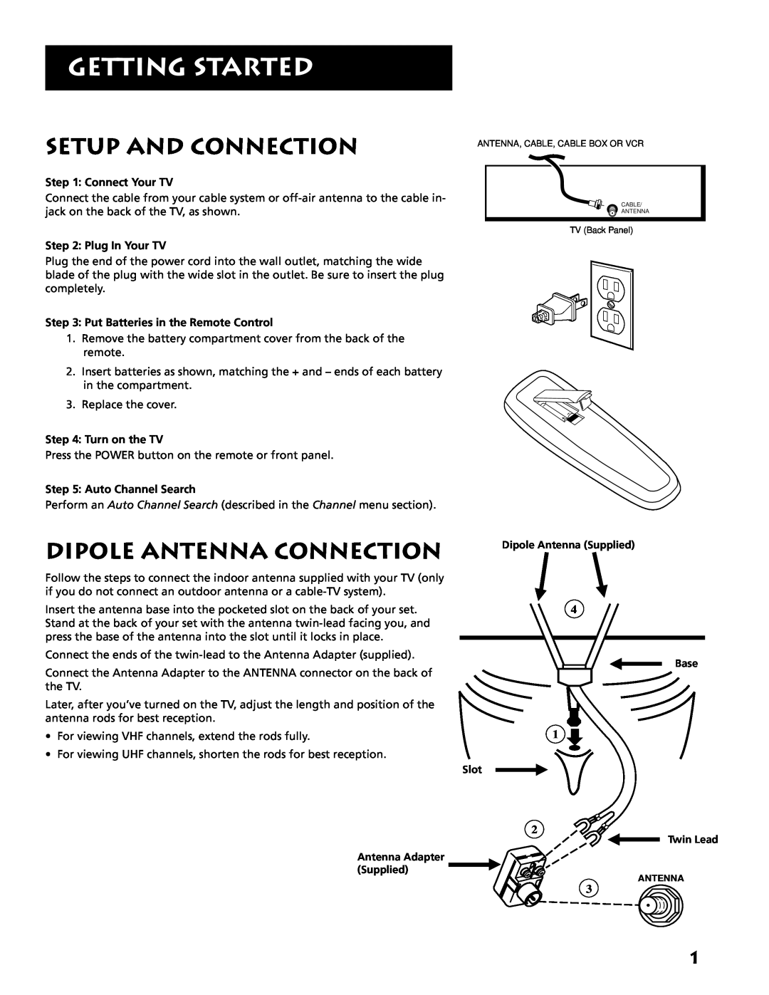 RCA E13318 manual Getting Started, Setup And Connection, Dipole Antenna Connection, Connect Your TV, Plug In Your TV 