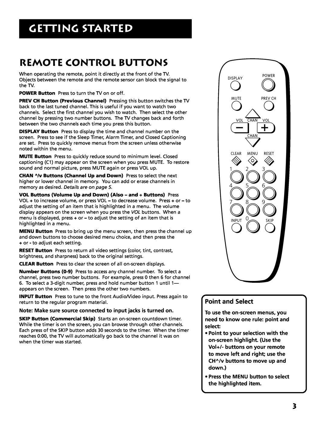 RCA E13318 manual Remote Control Buttons, Point and Select, Note Make sure source connected to input jacks is turned on 