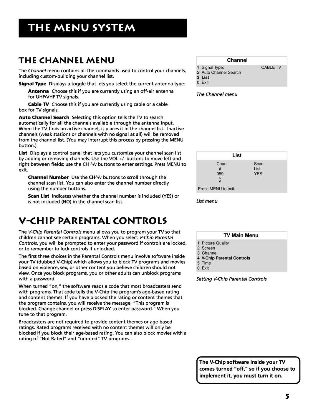 RCA E13318 V-Chip Parental Controls, The Channel Menu, The Menu System, TV Main Menu, The Channel menu, List menu 