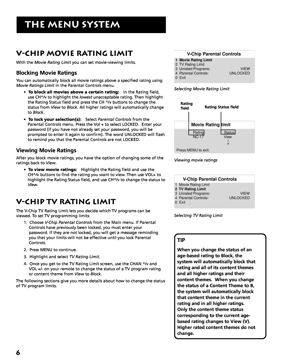 RCA E13318 manual V-Chip Movie Rating Limit, V-Chip Tv Rating Limit, Blocking Movie Ratings, Viewing Movie Ratings 