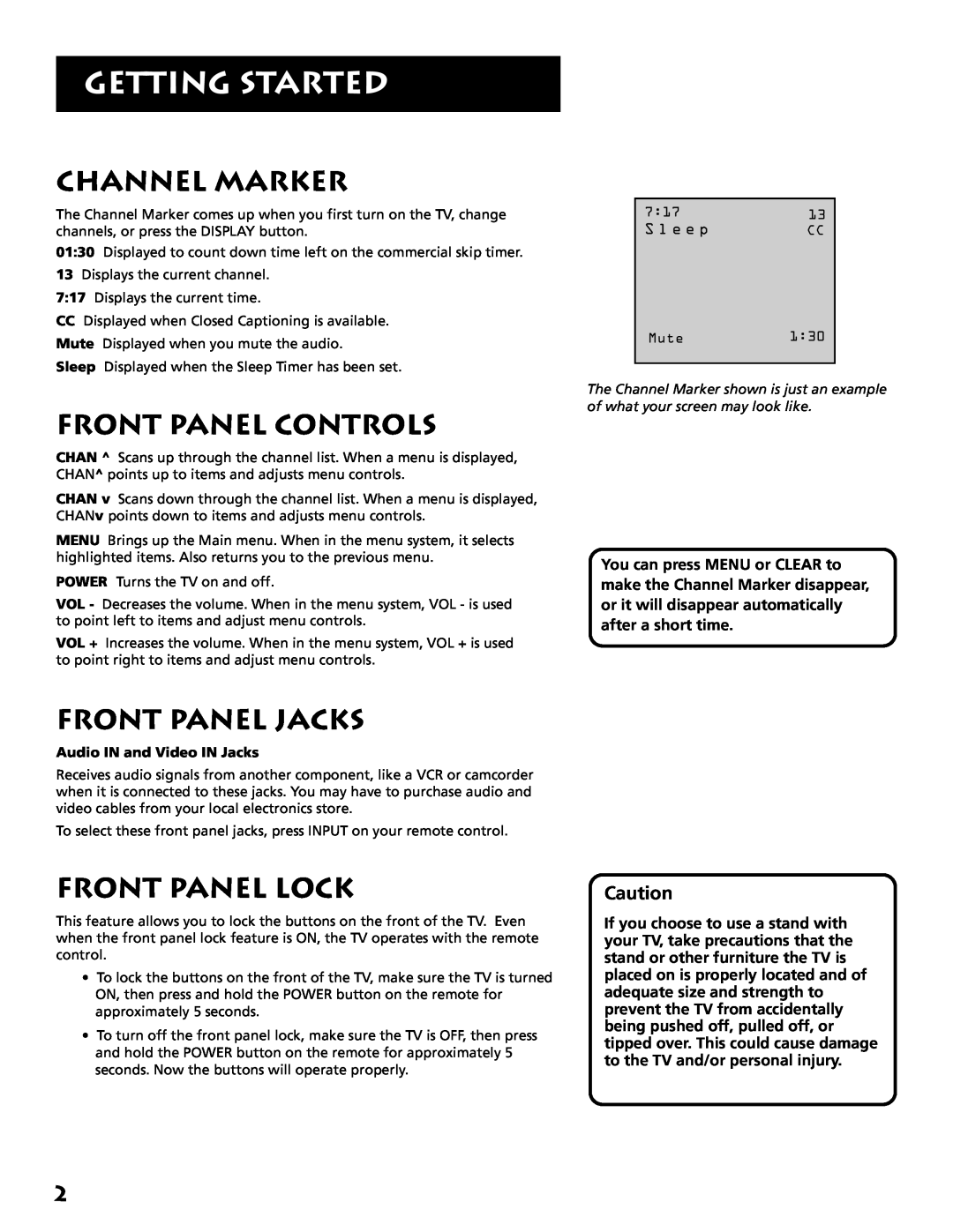 RCA E13319 manual Channel Marker, Front Panel Controls, Front Panel Jacks, Front Panel Lock, Getting Started 