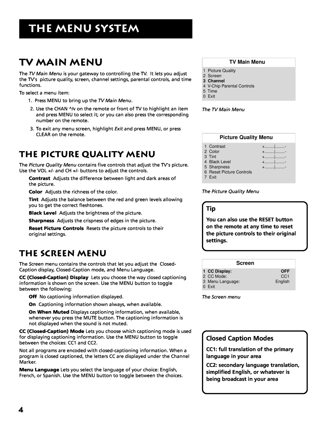 RCA E13319 The Menu System, Tv Main Menu, The Picture Quality Menu, The Screen Menu, Closed Caption Modes, TV Main Menu 