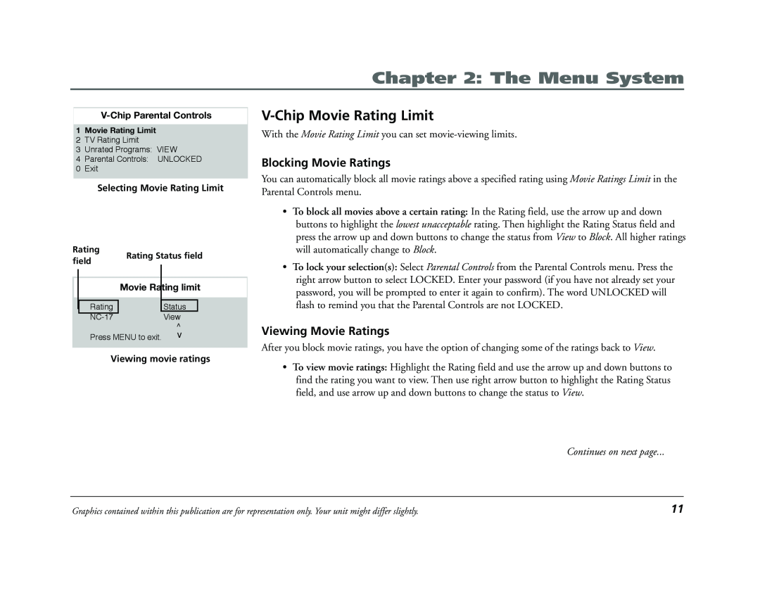 RCA E13320 manual V-Chip Movie Rating Limit, Blocking Movie Ratings, Viewing Movie Ratings, The Menu System 