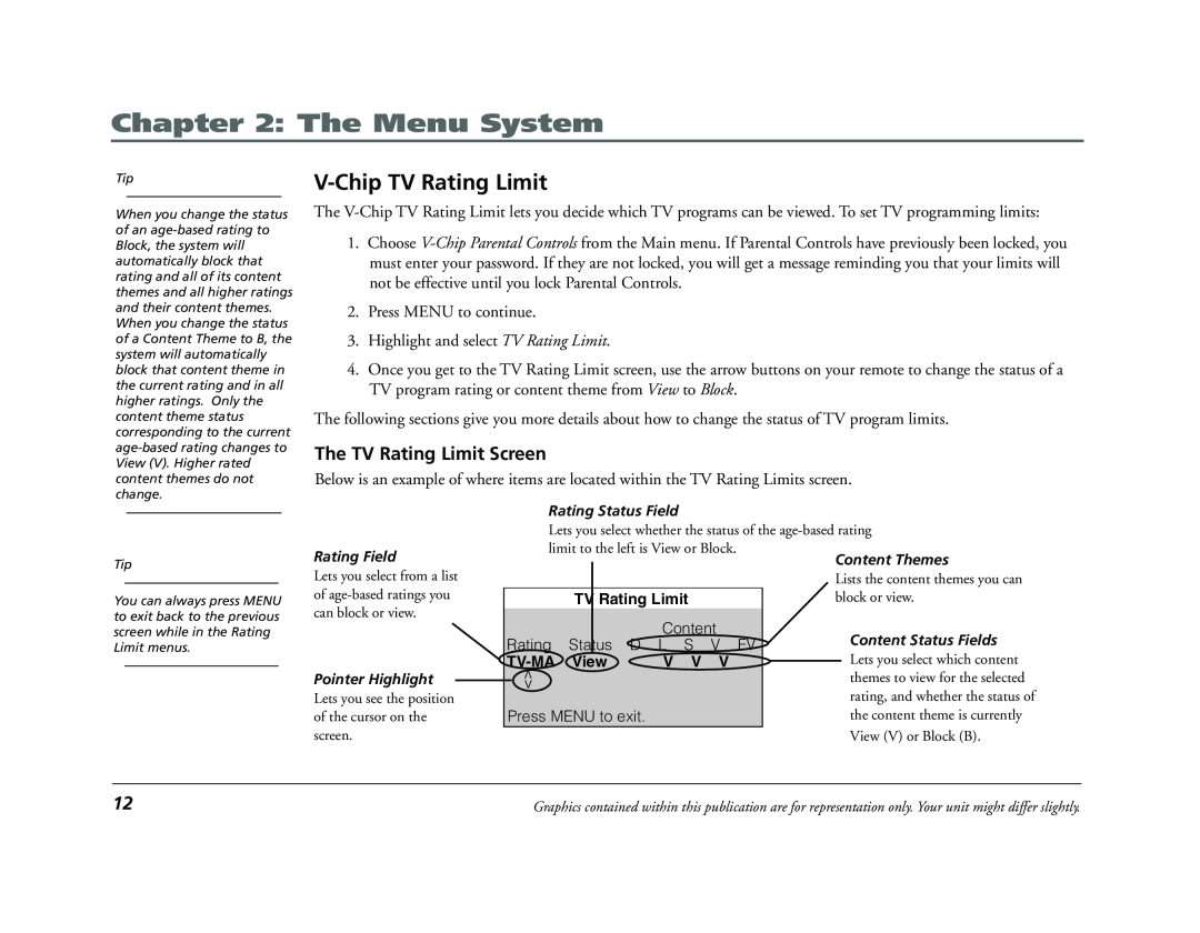 RCA E13320 manual V-Chip TV Rating Limit, The TV Rating Limit Screen, The Menu System 