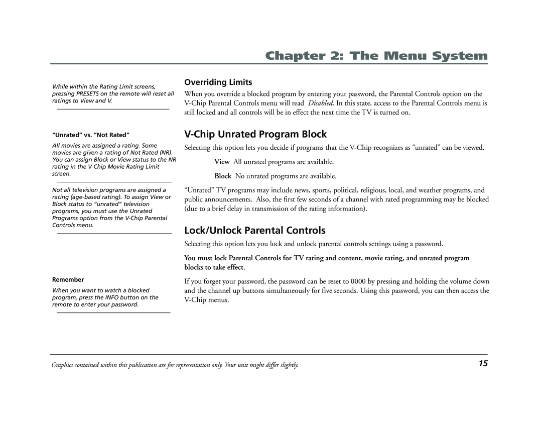 RCA E13320 manual V-Chip Unrated Program Block, Lock/Unlock Parental Controls, Overriding Limits, The Menu System 