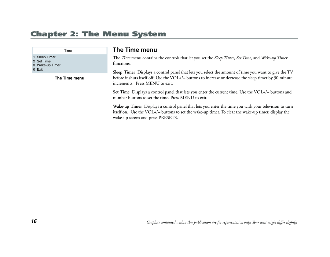 RCA E13320 manual The Time menu, The Menu System 