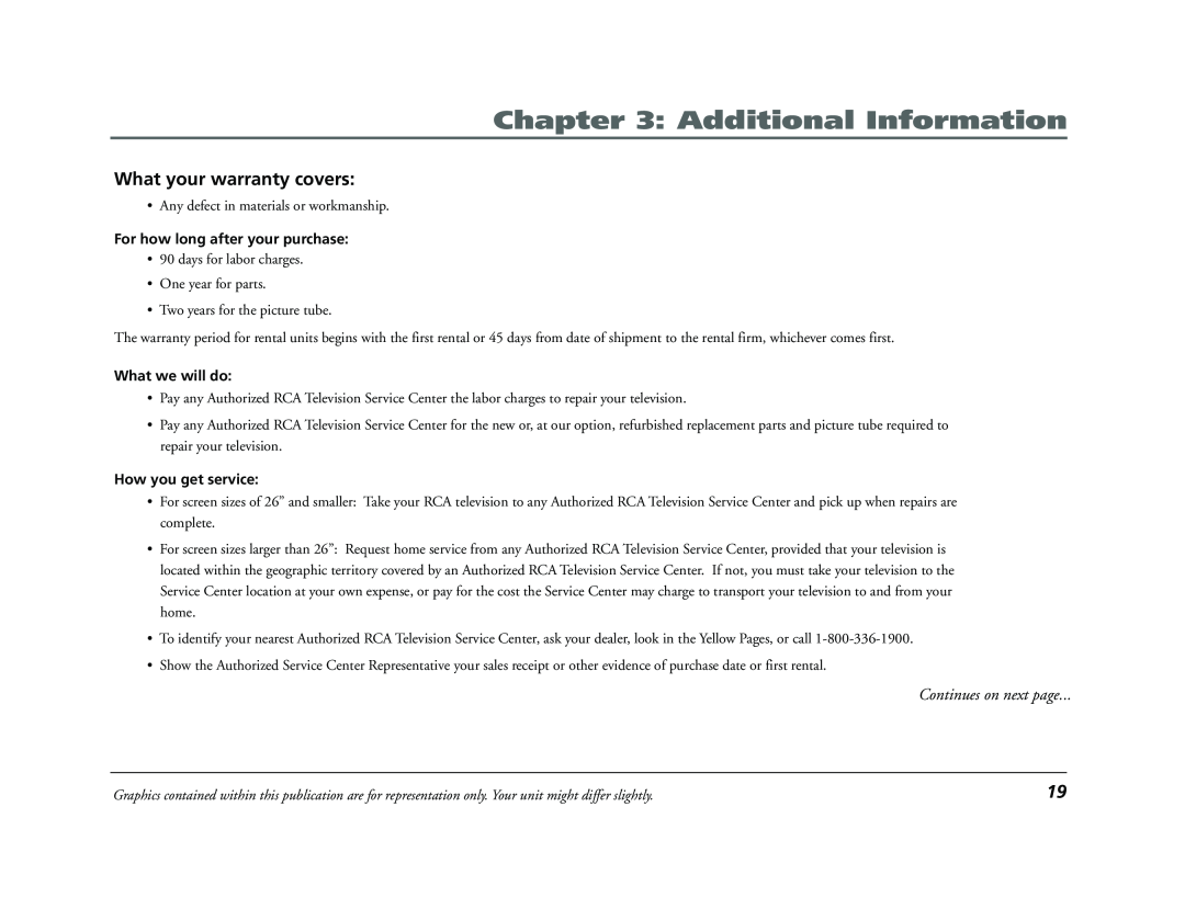 RCA E13320 What your warranty covers, Additional Information, Continues on next page, For how long after your purchase 