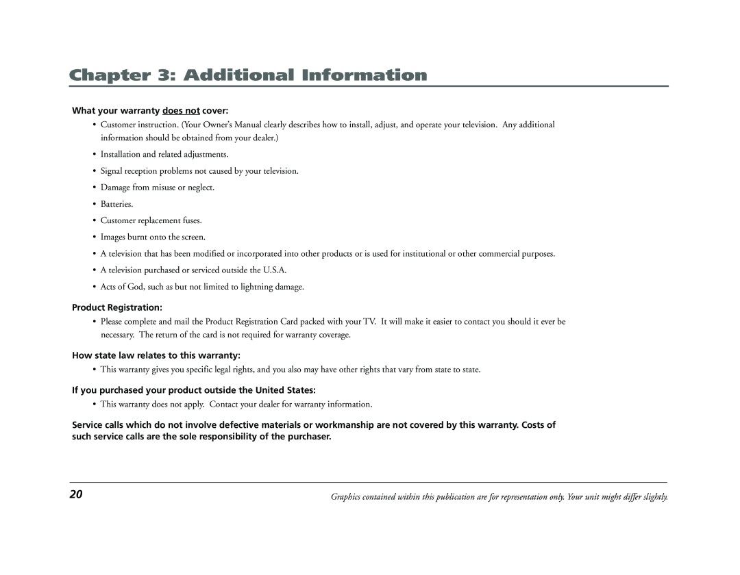 RCA E13320 manual Additional Information, What your warranty does not cover, Product Registration 