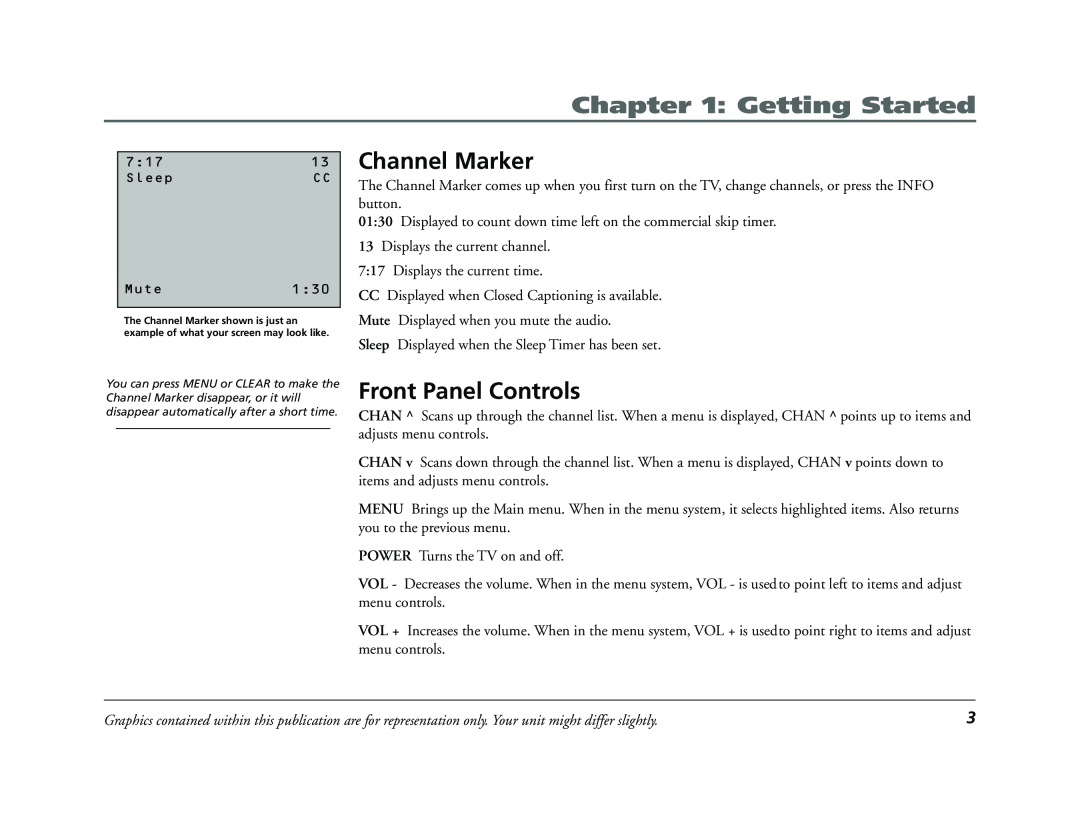 RCA E13320 manual Channel Marker, Front Panel Controls, Getting Started 