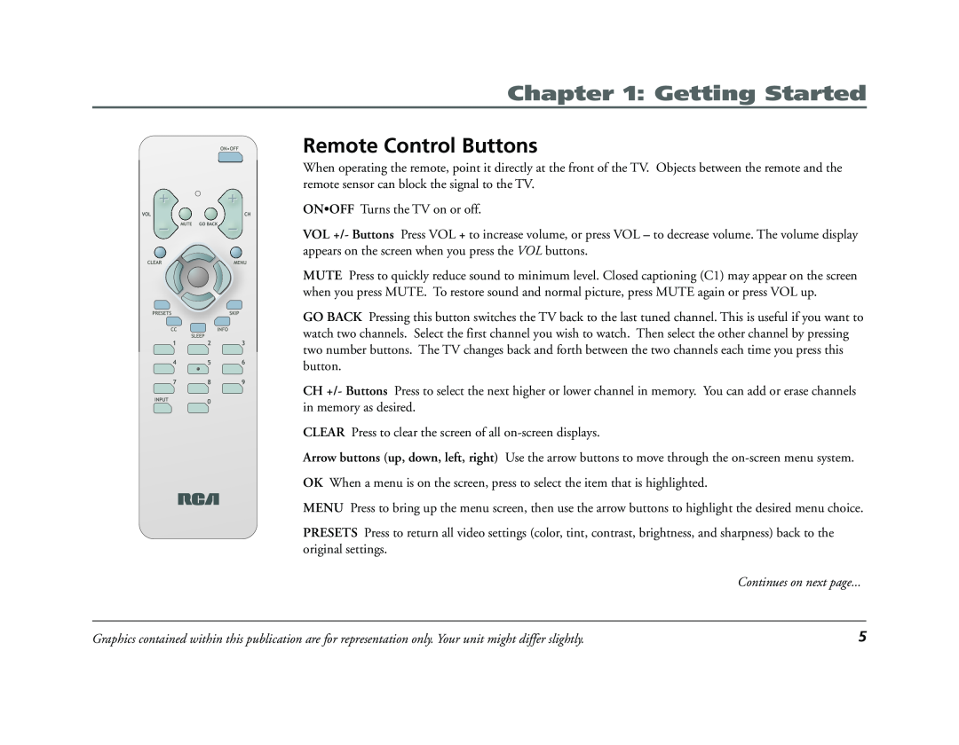 RCA E13320 manual Remote Control Buttons, Continues on next page, Getting Started 