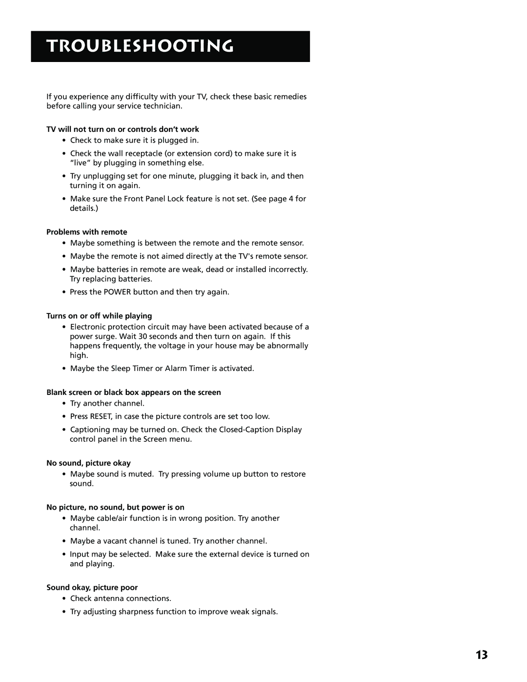 RCA E13341 manual Troubleshooting 