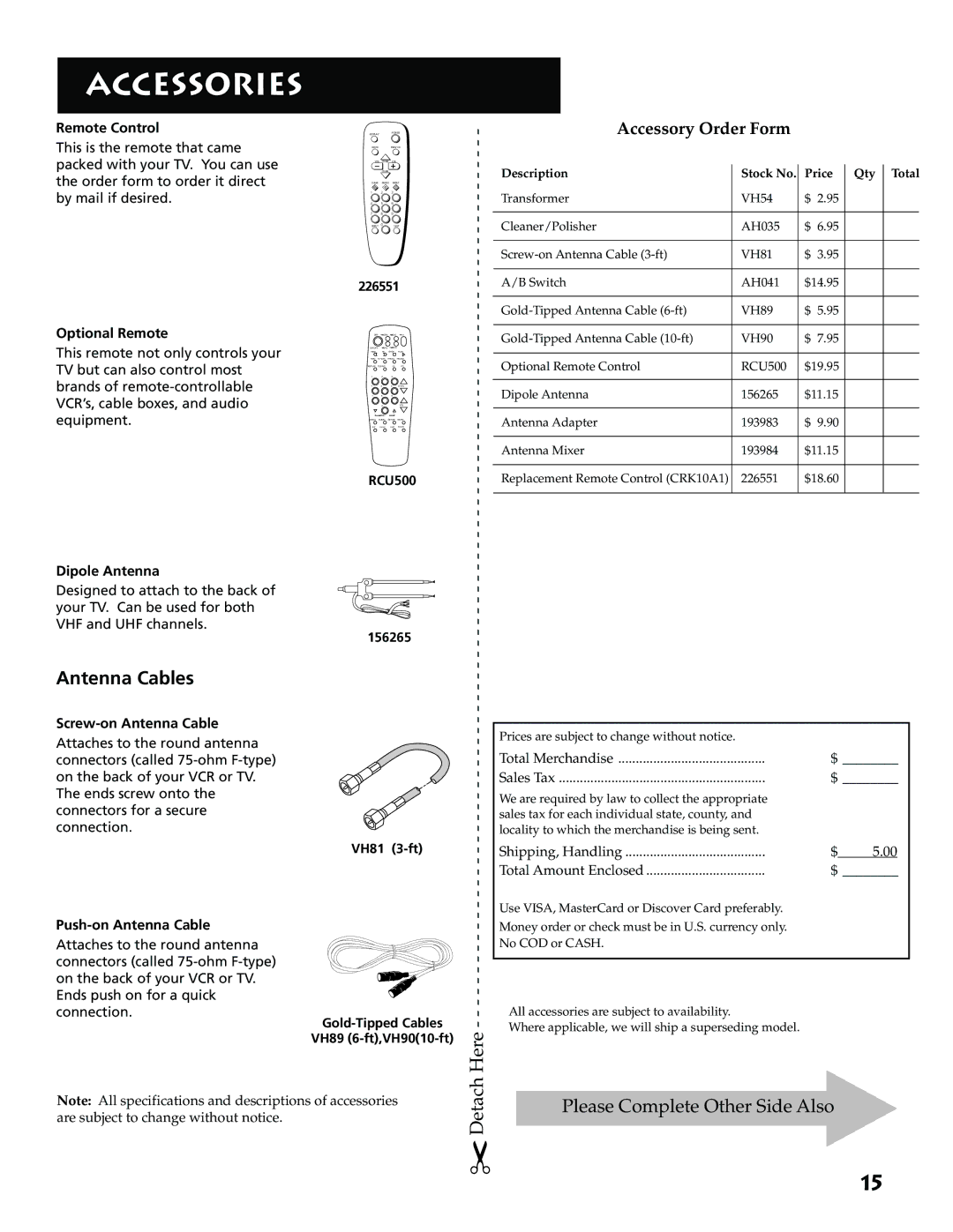 RCA E13341 manual Accessories, Antenna Cables 