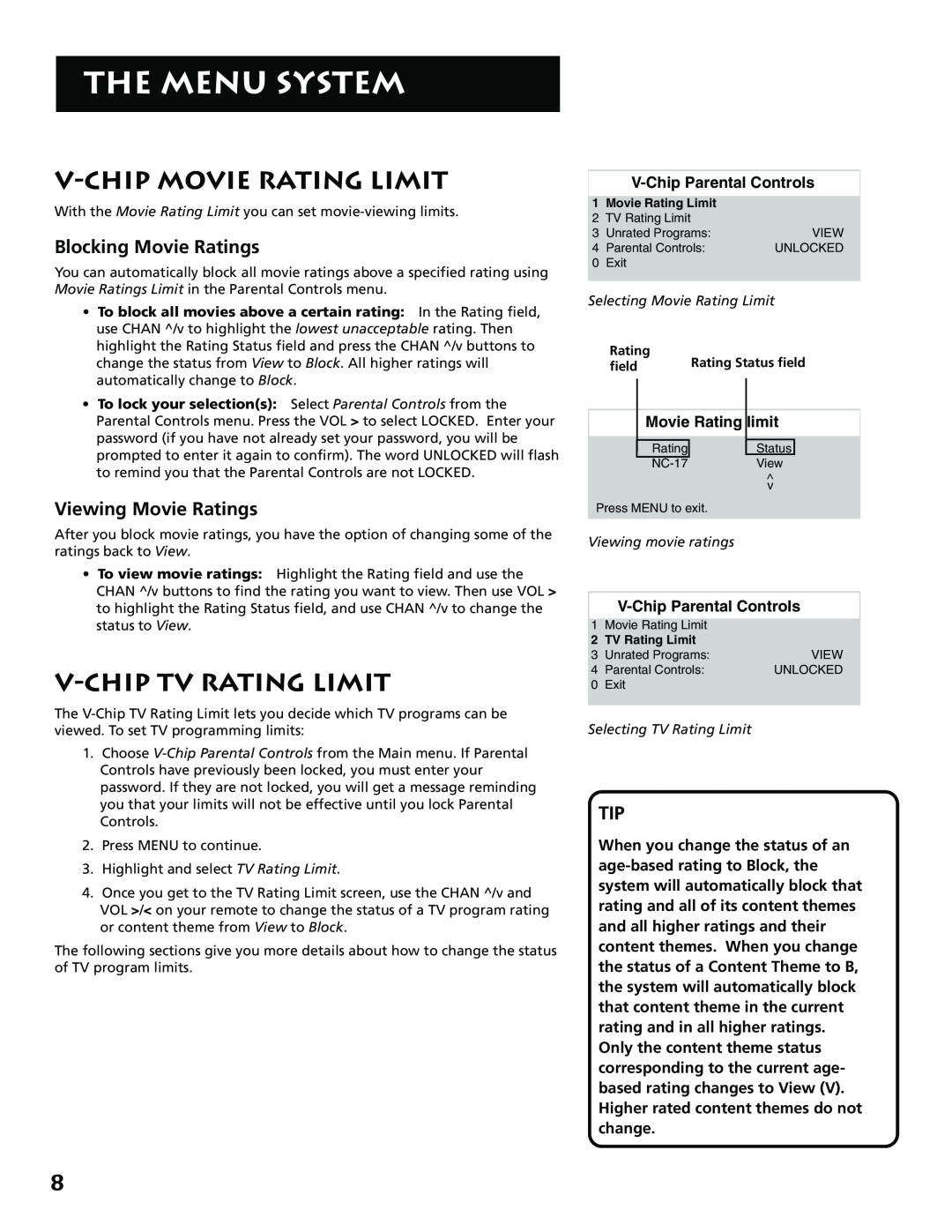 RCA E13341 manual V-Chip Movie Rating Limit, V-Chip Tv Rating Limit, Blocking Movie Ratings, Viewing Movie Ratings 