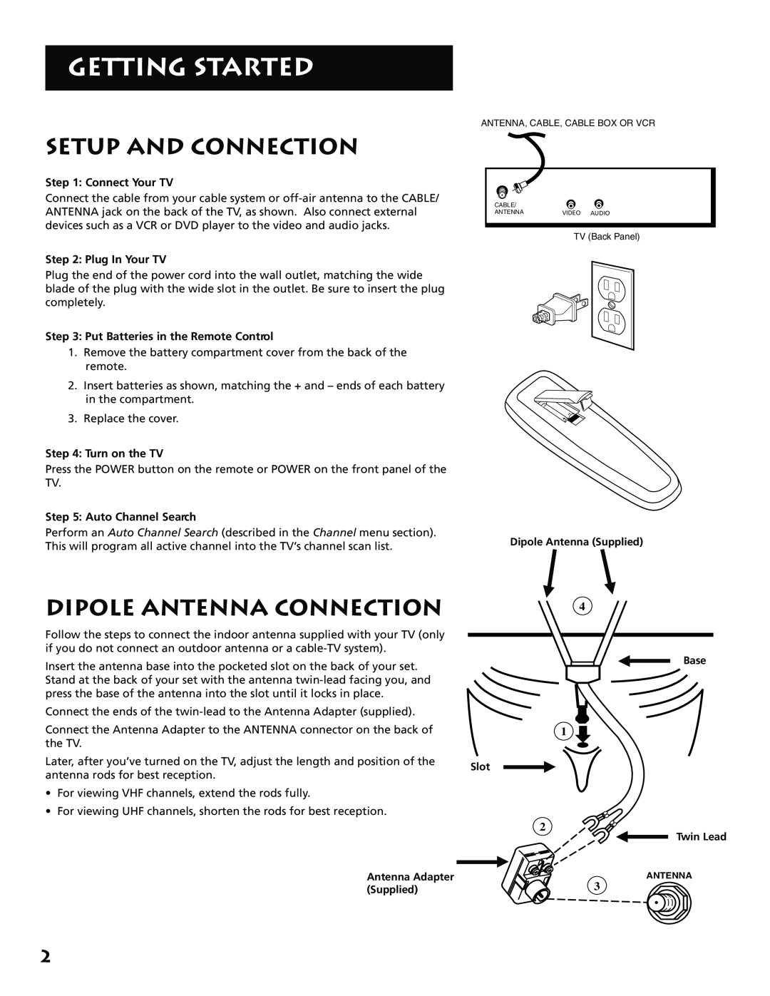 RCA E13341 manual Getting Started, Setup And Connection, Dipole Antenna Connection, Connect Your TV, Plug In Your TV 
