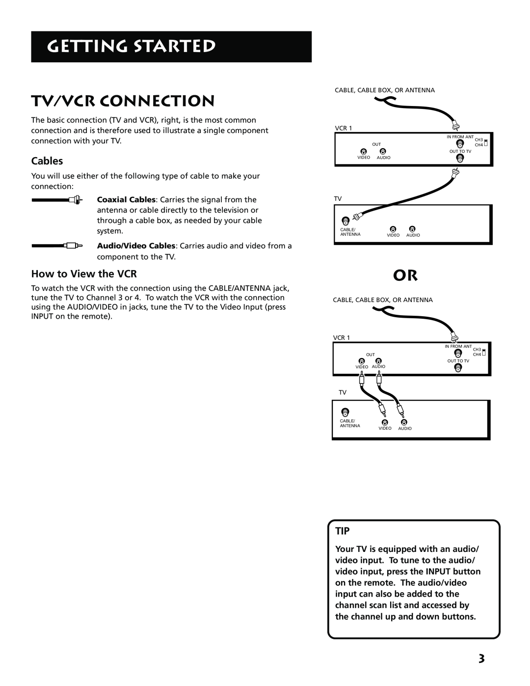 RCA E13341 manual Tv/Vcr Connection, Cables, How to View the VCR, Getting Started 